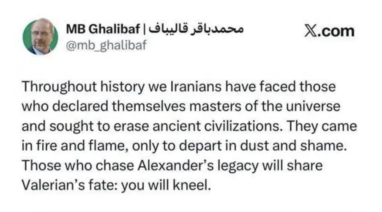 پاسخ تند قالیباف به روبیو درباره تمدن ایران / کسانی که به دنبال میراث اسکندر هستند، به سرنوشت والرین دچار خواهند شد / زانو خواهید زد